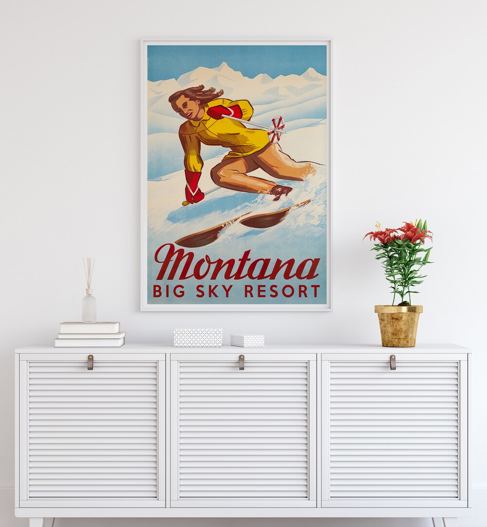 Vintage travel poster showcasing skiing at Montana's Big Sky Resort, perfect for decor lovers of MONTANA, VINTAGE TRAVEL POSTERS.