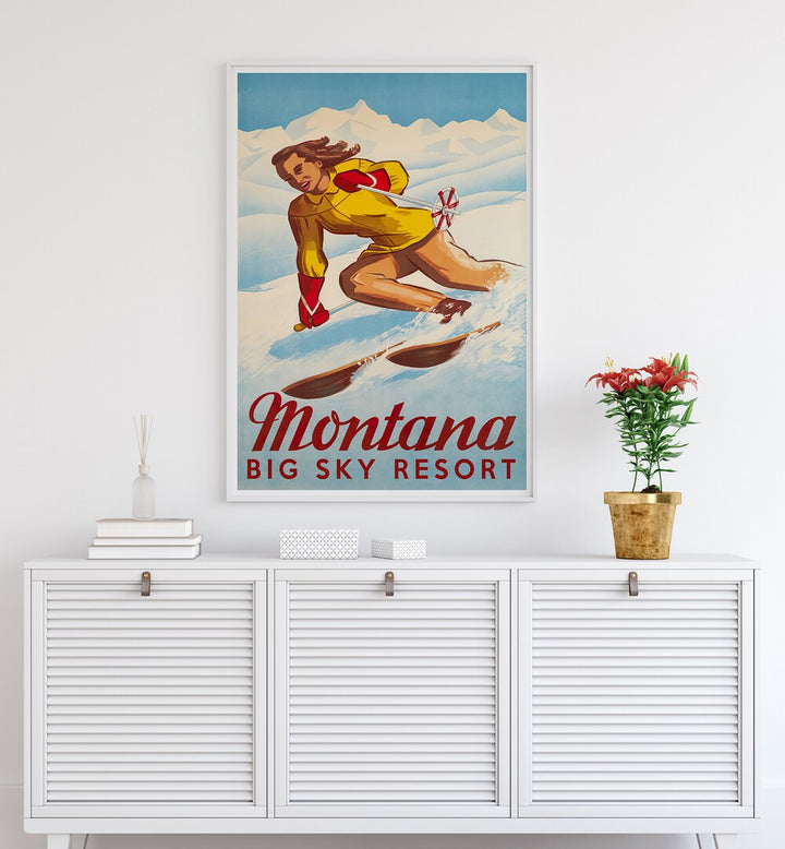 Vintage travel poster showcasing skiing at Montana's Big Sky Resort, perfect for decor lovers of MONTANA, VINTAGE TRAVEL POSTERS.