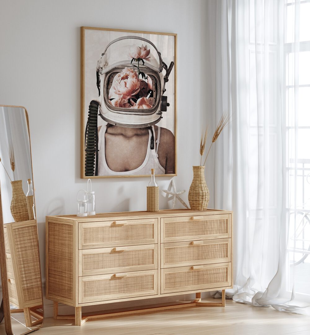 Dreamlike Space Bloom, surreal art prints by Underdott, featuring flowers in an astronaut helmet for unique décor.