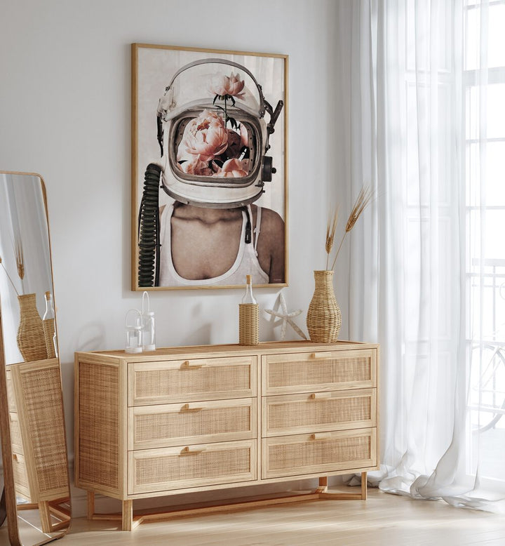 Dreamlike Space Bloom, surreal art prints by Underdott, featuring flowers in an astronaut helmet for unique décor.