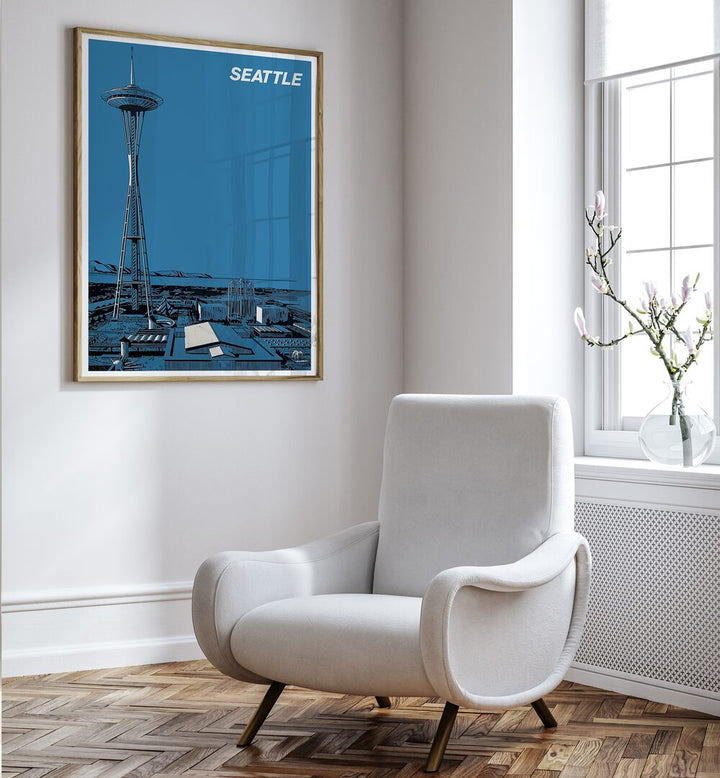 Seattle Vintage Travel Posters showcasing the iconic Space Needle, perfect for Pacific Northwest enthusiasts.