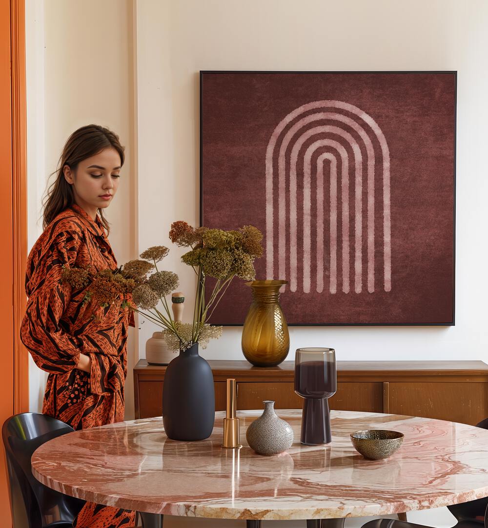 Stylish interior featuring VISNE WATERCOLOR RAINBOW, BOHO ART PAINTINGS by Emel Tunaboylu, enhancing creative decor.