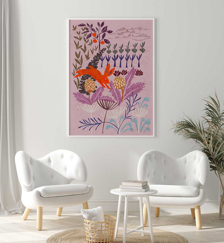 Vibrant ARTICHOKE THIEF, FLORAL FLOWER PAINTINGS enhancing a stylish living space with abstract floral designs.