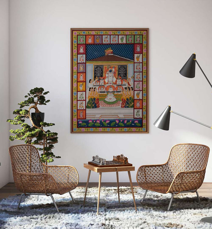 Enhance your decor with ANNAKUT PICHWAI ARTWORK, INDIAN ART PAINTINGS, blending spirituality and artistry beautifully.