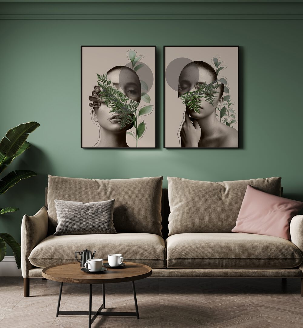 Stylish FLORA VEILED FACES SET, SET OF 2 PAINTINGS enhancing interiors with botanical elegance and feminine allure.