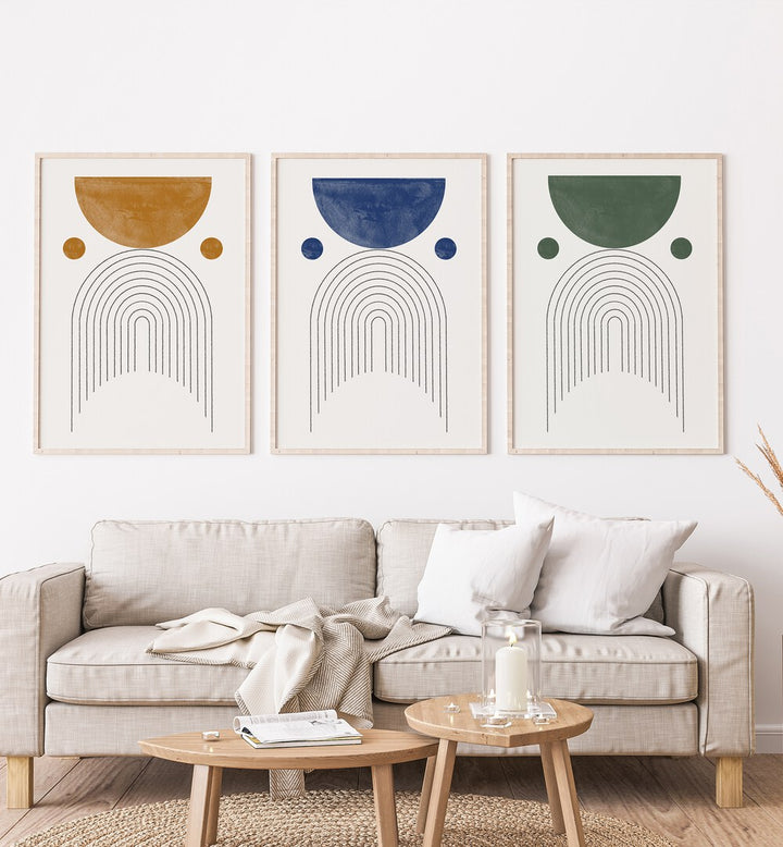Enhance your space with the GEOMETRIC PASTEL SERENADE SET, SET OF 3 PAINTINGS featuring modern pastel designs.