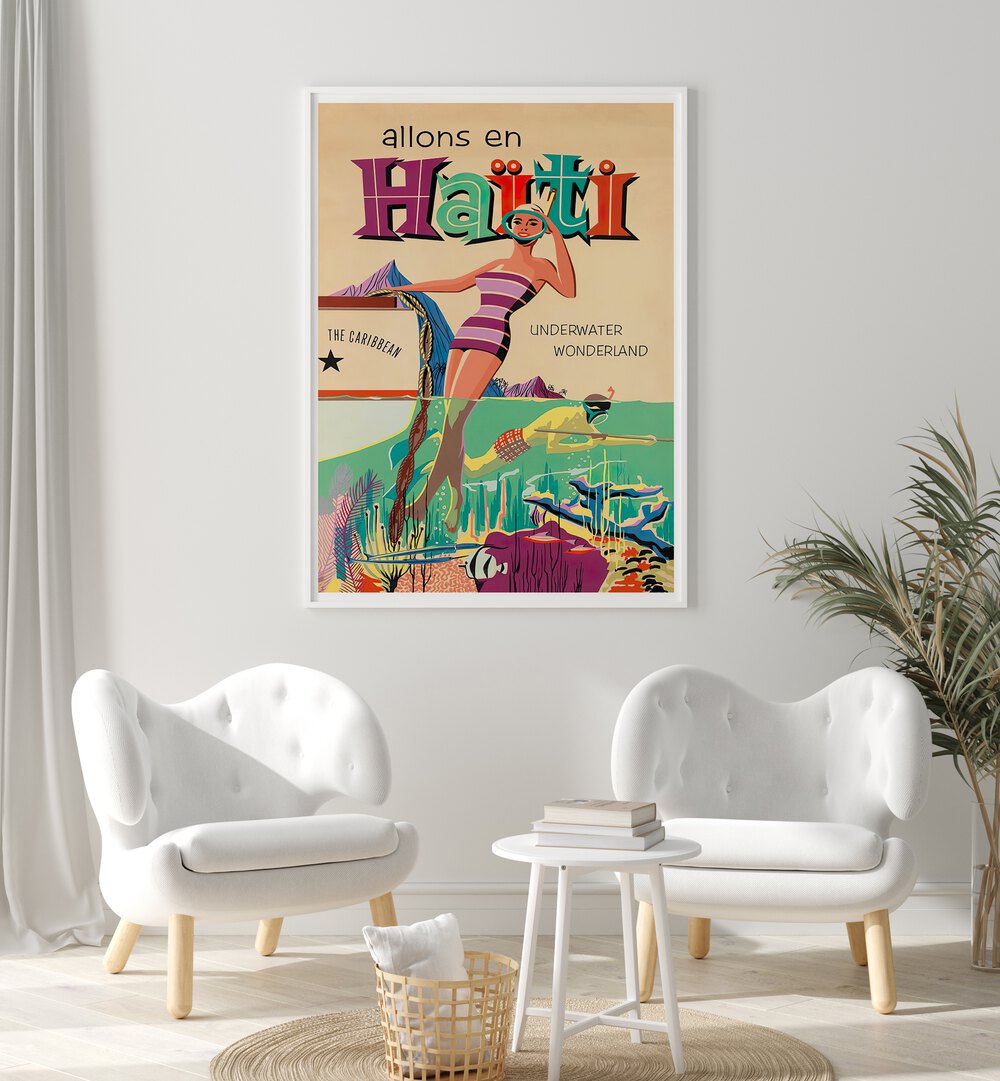 ALLONS EN HAITI, VINTAGE TRAVEL POSTERS showcase vibrant Caribbean scenes, perfect for adding charm to any space.