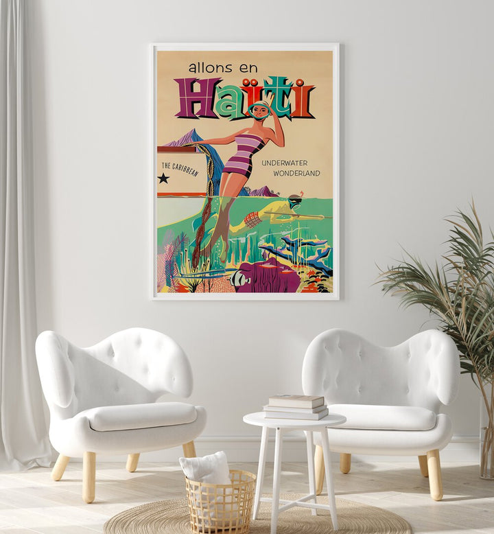 ALLONS EN HAITI, VINTAGE TRAVEL POSTERS showcase vibrant Caribbean scenes, perfect for adding charm to any space.