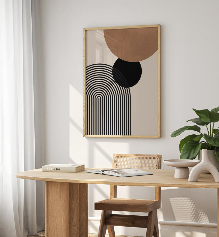 Stylish interior featuring COMPOSITION IV, BOHO ART PAINTINGS with lines and circles for modern artistic expression.