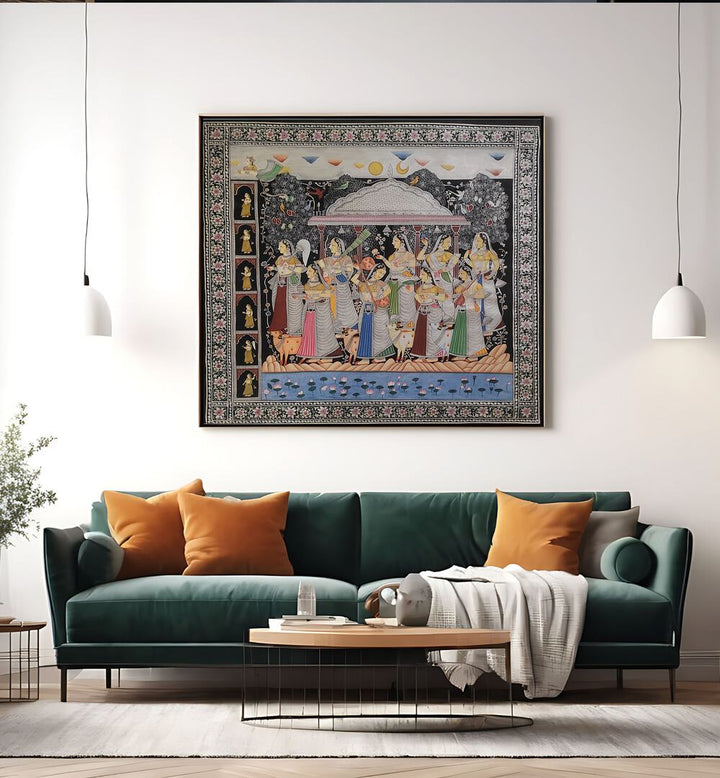 Colorful KRISHNA GOPIKA, INDIAN ART PAINTINGS adorn a modern living space, showcasing cultural heritage and artistry.