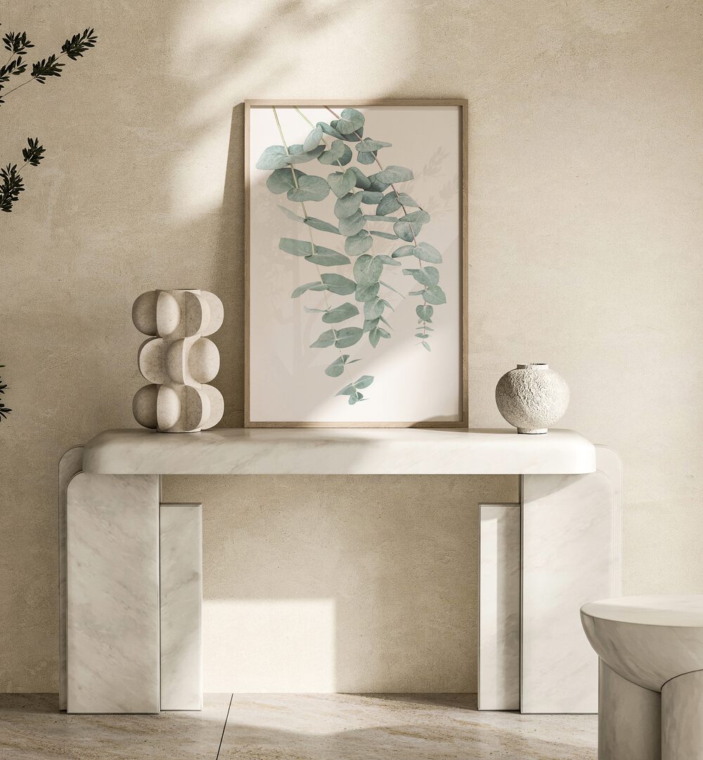 Elevate your space with EUCALYPTUS I, FLORAL FLOWER PAINTINGS, featuring soothing eucalyptus in a stylish setting.