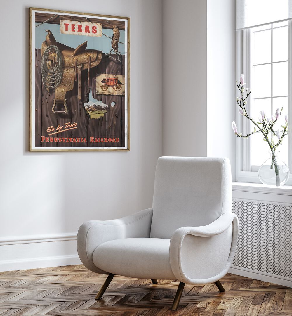 Decorate your space with TEXAS I, VINTAGE TRAVEL POSTERS, featuring iconic Texas landscapes and culture.
