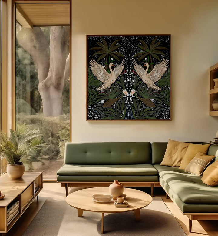 Elegant SWAN DANCE, FLORAL FLOWER PAINTINGS adorn a serene living space, adding beauty and style to any home decor.