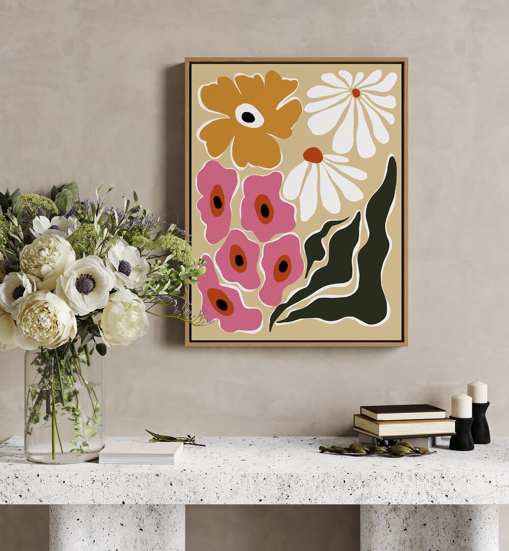 70's Retro Garden, Botanical Art Paintings Artwork in Oak Wood Floater Frame
placed on a Beige Colored Wall
placed above a Console Table