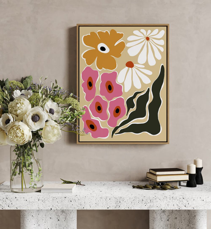 70's Retro Garden, Botanical Art Paintings Artwork in Oak Wood Floater Frame
placed on a Beige Colored Wall
placed above a Console Table