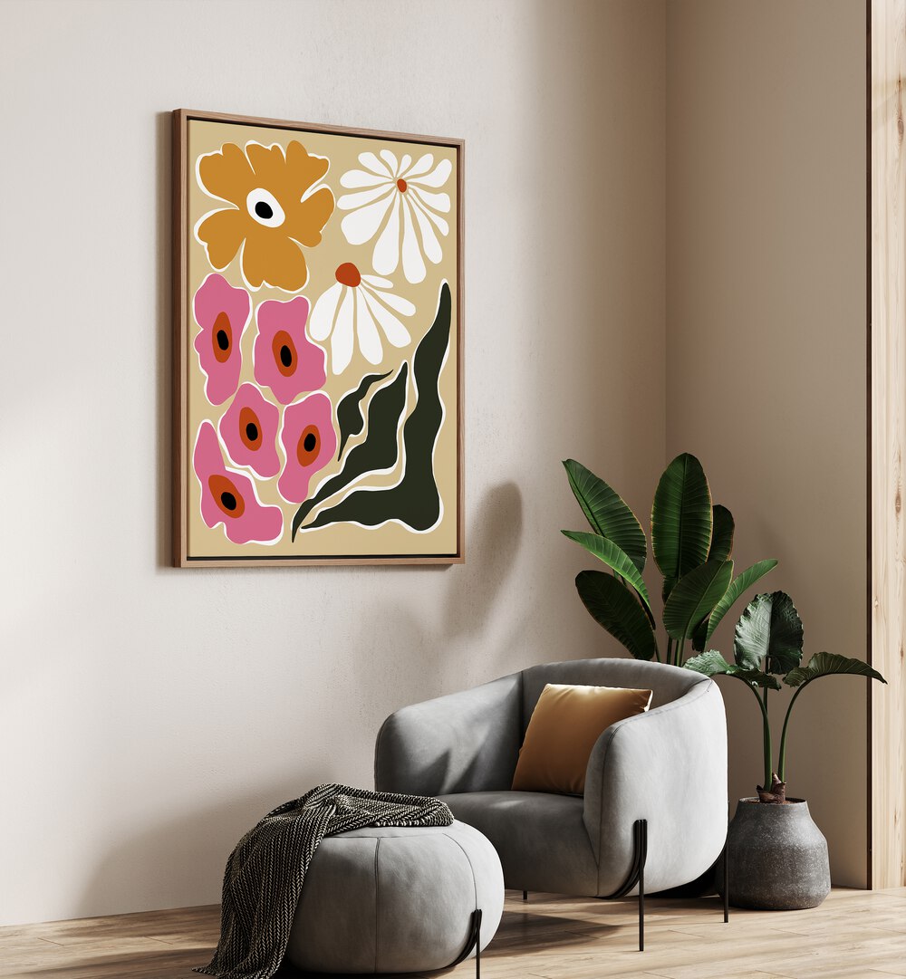70's Retro Garden, Botanical Art Paintings Artwork in Oak Wood Floater Frame
placed on a Cream Colored Wall
near a Grey Sofa Chair
in the Drawing Room