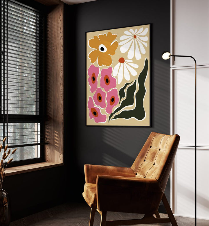 70's Retro Garden, Botanical Art Paintings Artwork in Black Plain Frame
placed on a Dark Grey Colored Wall
in the Drawing Room