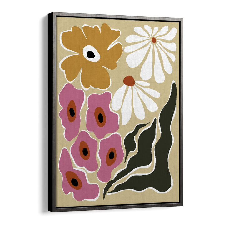 70's Retro Garden, Botanical Art Paintings Artwork in Black Floater Frame