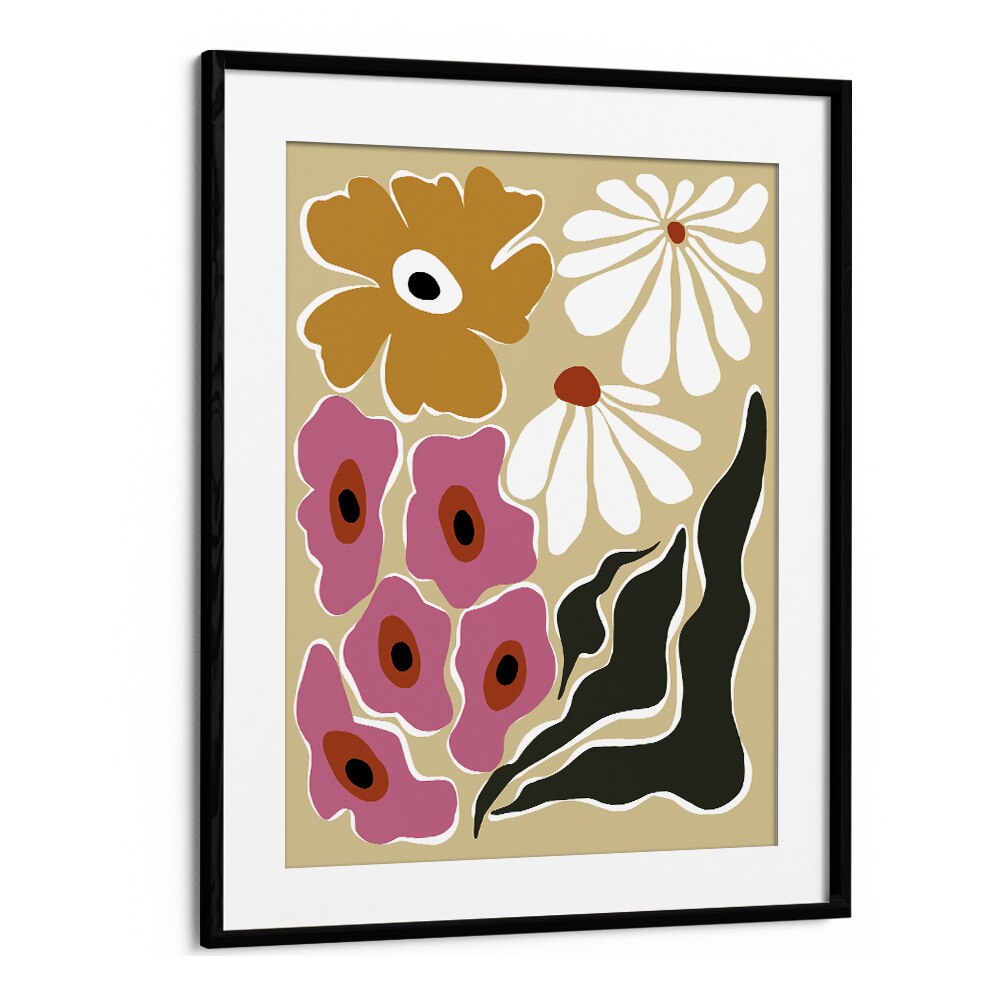 70's Retro Garden, Botanical Art Paintings Artwork in Black Frame With Mount