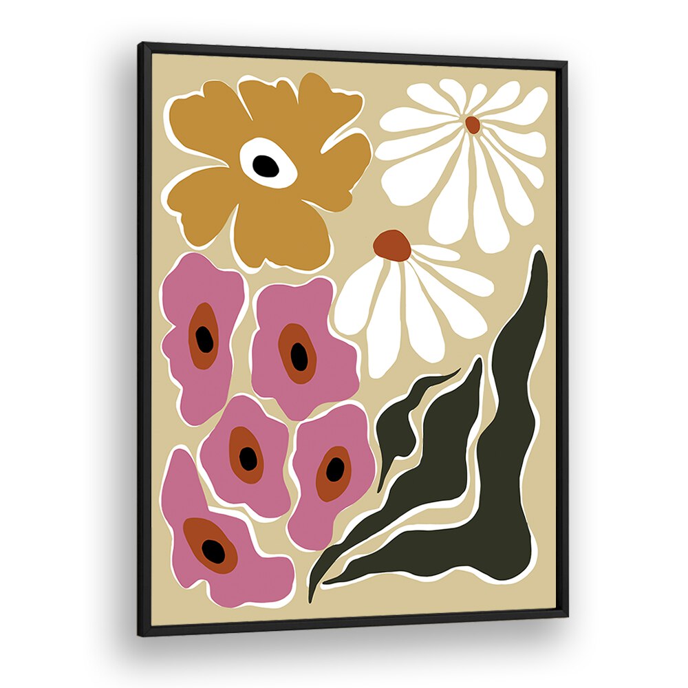 70's Retro Garden, Botanical Art Paintings Artwork in Black Plain Frame