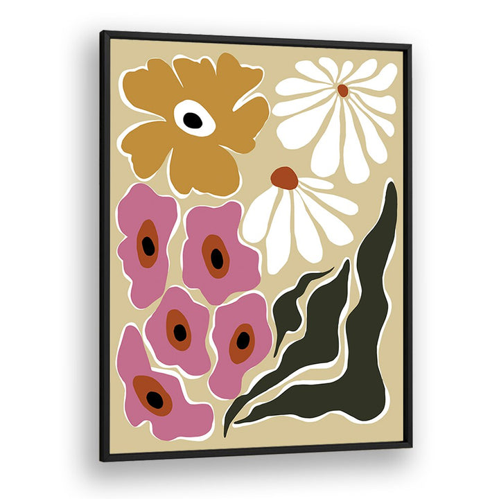 70's Retro Garden, Botanical Art Paintings Artwork in Black Plain Frame