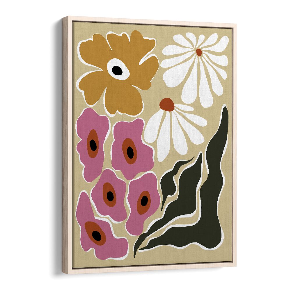 70's Retro Garden, Botanical Art Paintings Artwork in Oak Wood Floater Frame