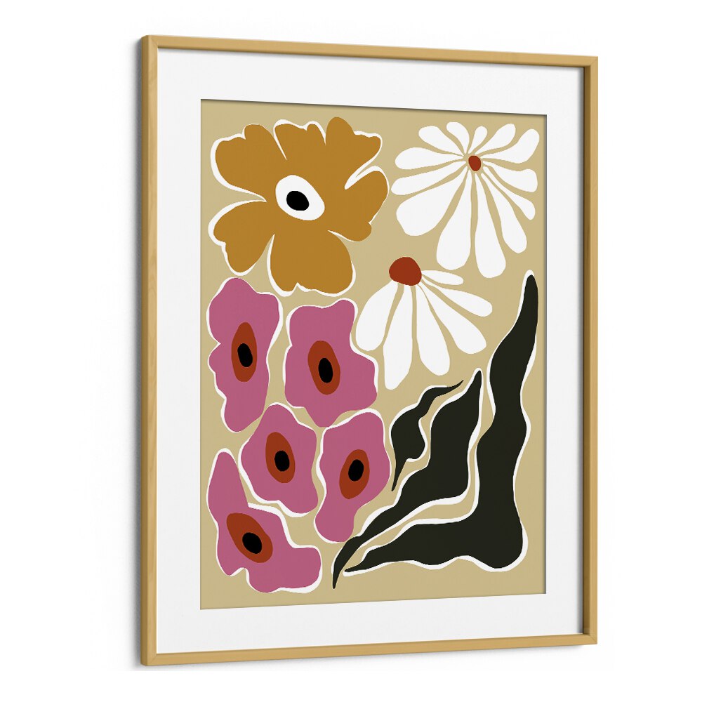 70's Retro Garden, Botanical Art Paintings Artwork in Oak Wood Frame With Mount