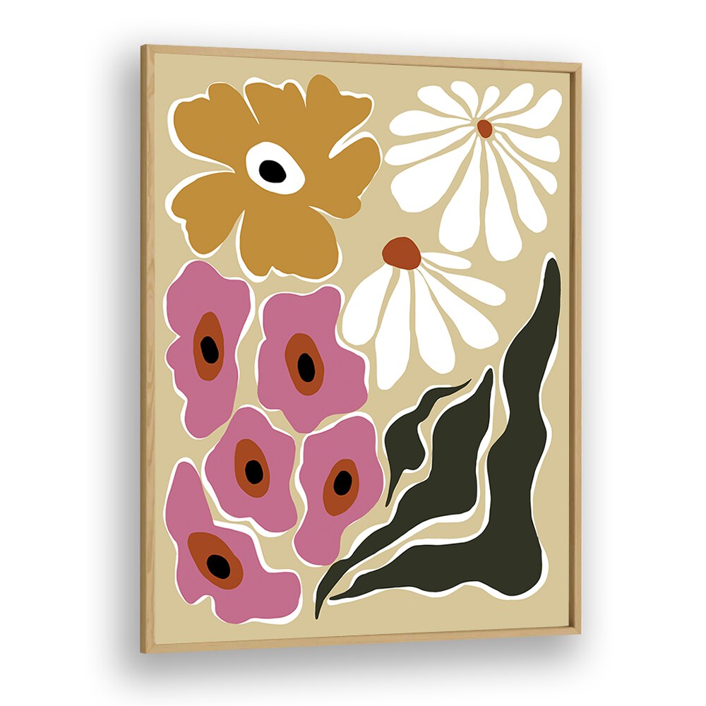 70's Retro Garden, Botanical Art Paintings Artwork in Oak Wood Plain Frame