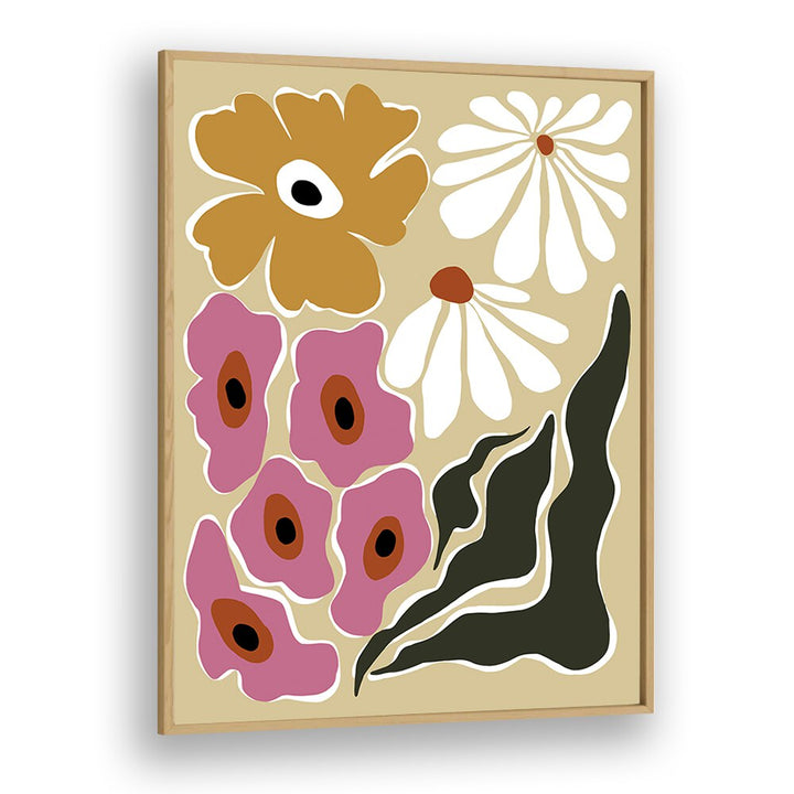 70's Retro Garden, Botanical Art Paintings Artwork in Oak Wood Plain Frame