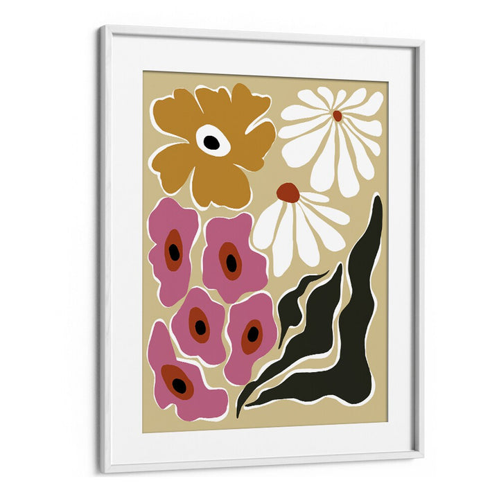 70's Retro Garden, Botanical Art Paintings Artwork in White Frame With Mount