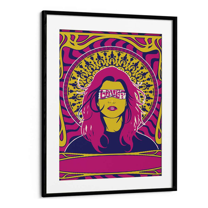 Vibrant 70'S WOMAN SERIES I, POP ART PAINTINGS in a stylish black frame, perfect for elevating your space.