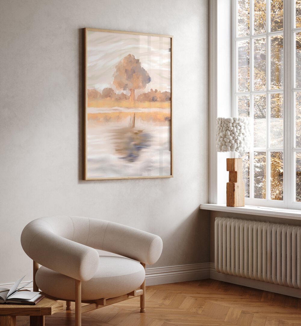 Elegant interior featuring SOVEREIGN REFLECTIONS, LANDSCAPE PAINTINGS showcasing serene Jackalberry Tree art.