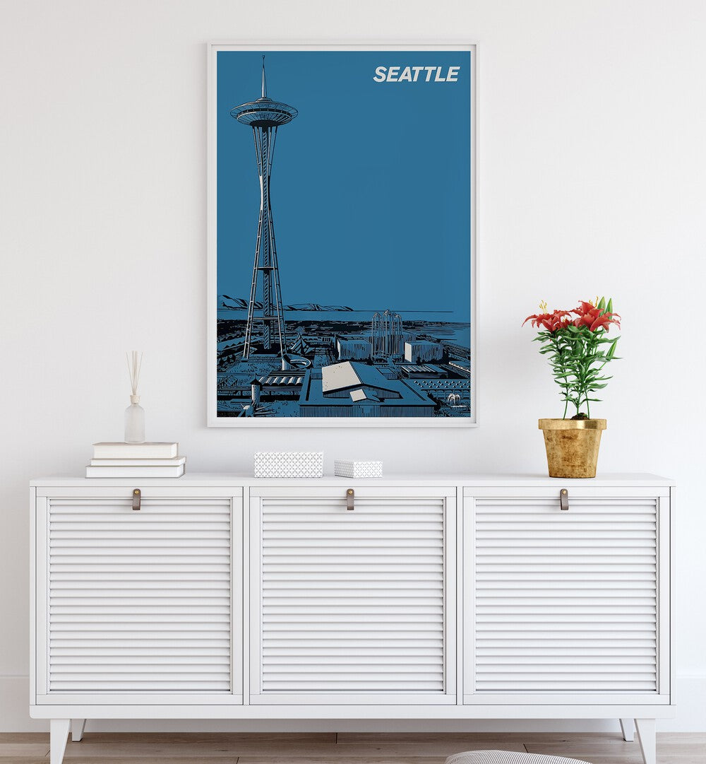 Seattle Vintage Travel Posters showcase the iconic Space Needle against a vibrant blue backdrop, perfect for home decor.