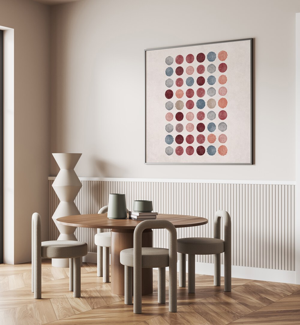 Vibrant WATERCOLOR DOTS, BOHO ART PAINTINGS adorn a modern dining space, showcasing Emel Tunaboylu's artistry.