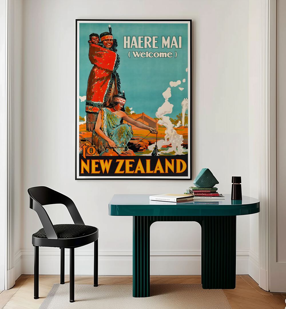 Haere Mai vintage travel poster showcasing New Zealand V landscapes, perfect for art lovers and enthusiasts.