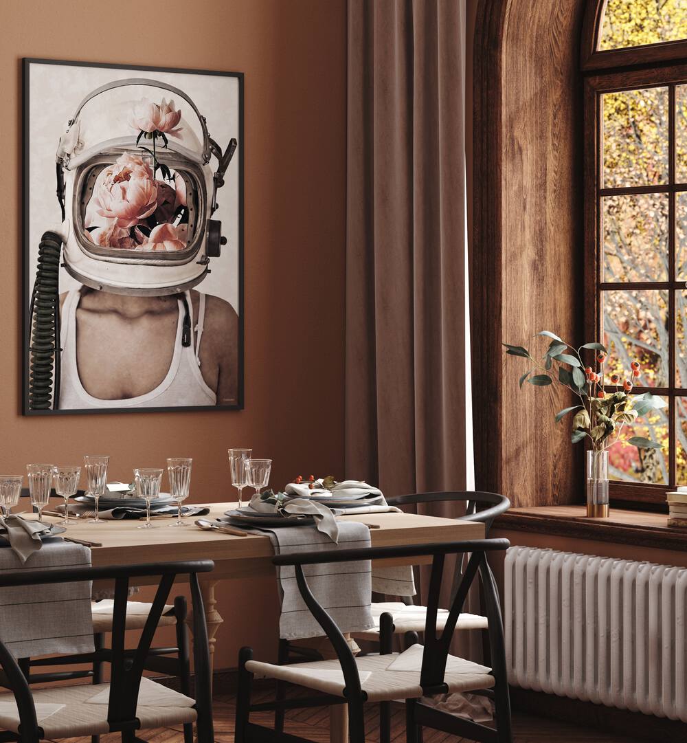 Surreal art print "SPACE BLOOM" by Underdott features a floral astronaut, perfect for imaginative decor.