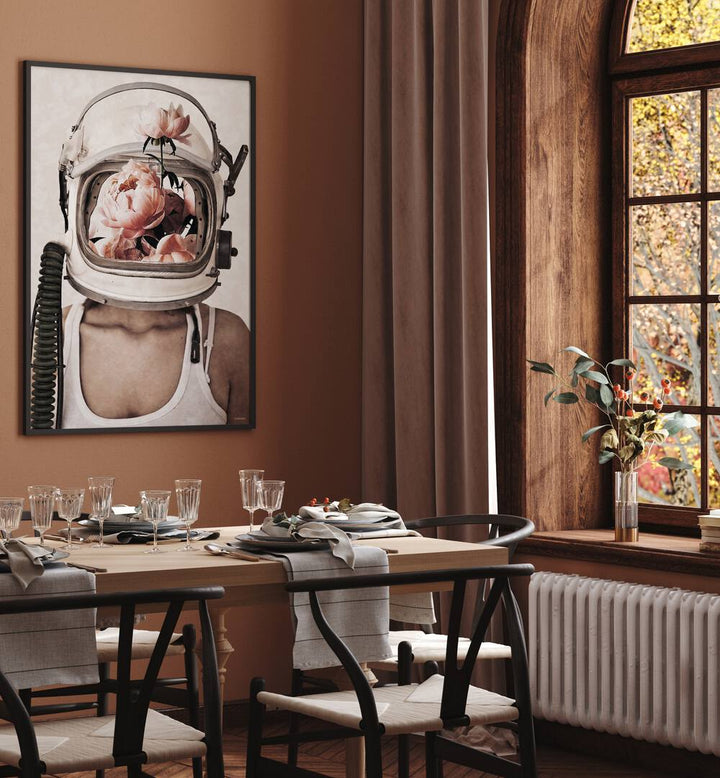 Surreal art print "SPACE BLOOM" by Underdott features a floral astronaut, perfect for imaginative decor.