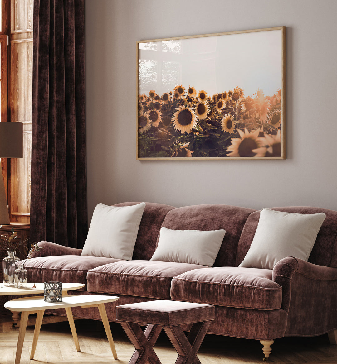 Vibrant SUNFLOWERS II, FLORAL FLOWER PAINTINGS brightening a cozy living room, adding warmth and positivity.