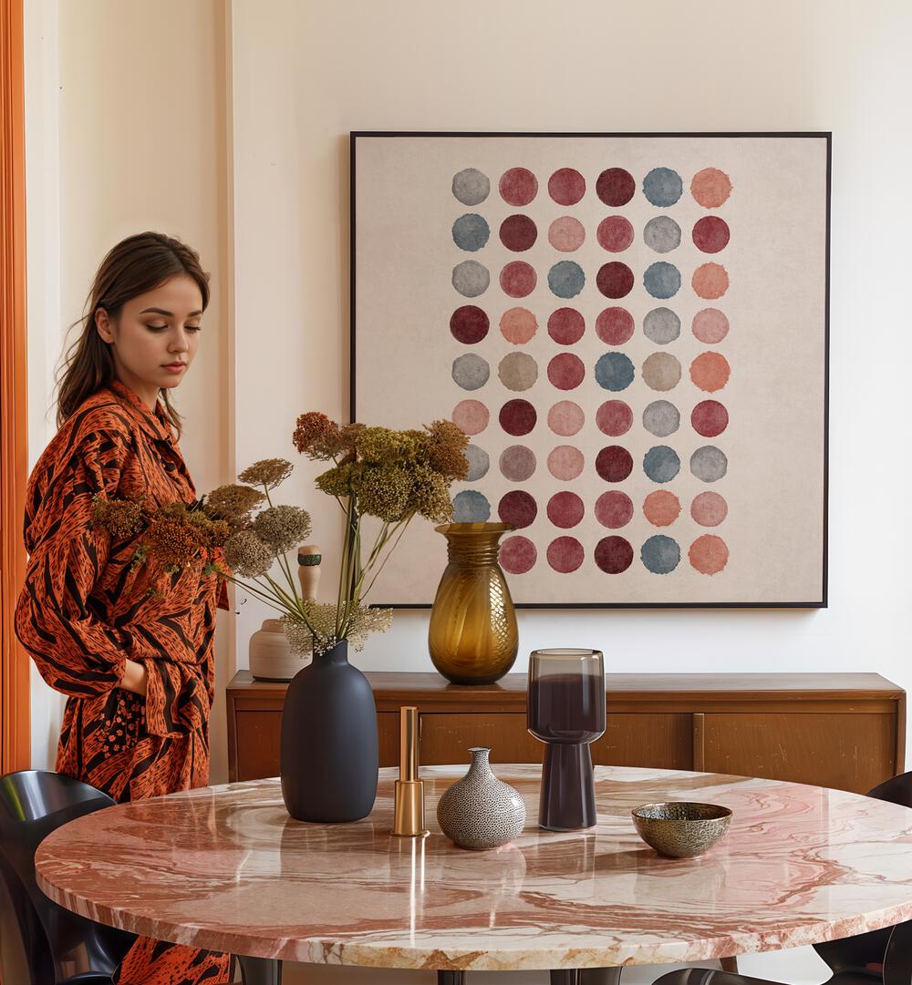 Elegant setting featuring WATERCOLOR DOTS, BOHO ART PAINTINGS by Emel Tunaboylu, enhancing modern decor beautifully.