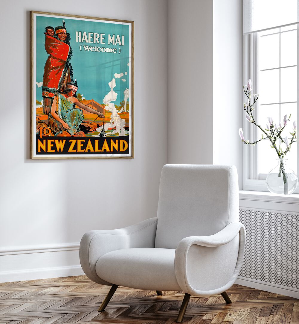 Vintage travel poster showcasing "Haere Mai" to New Zealand, part of NEW ZEALAND V, VINTAGE TRAVEL POSTERS collection.