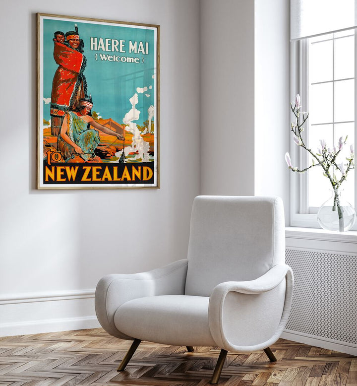 Vintage travel poster showcasing "Haere Mai" to New Zealand, part of NEW ZEALAND V, VINTAGE TRAVEL POSTERS collection.