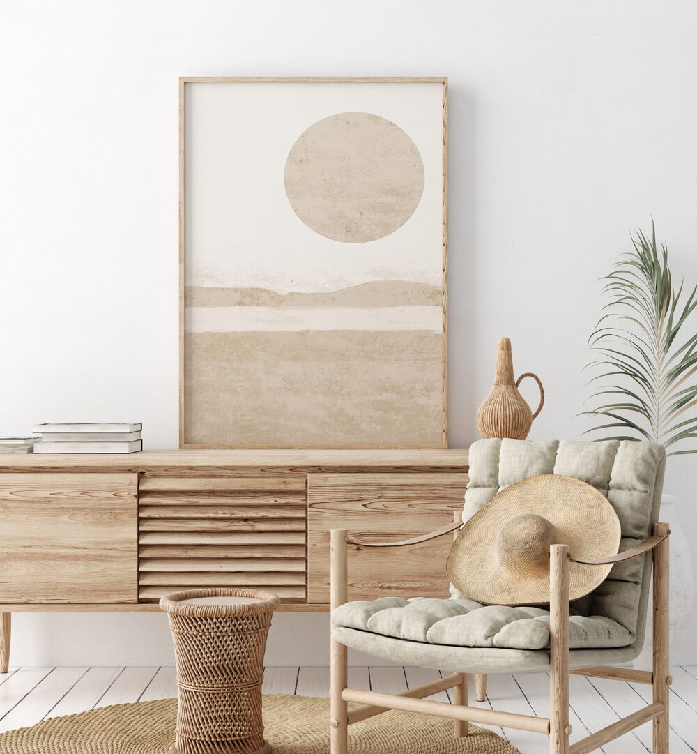 Stylish living room featuring SUNSET ART, BOHO ART PAINTINGS, enhancing bohemian decor with vibrant earth tones.