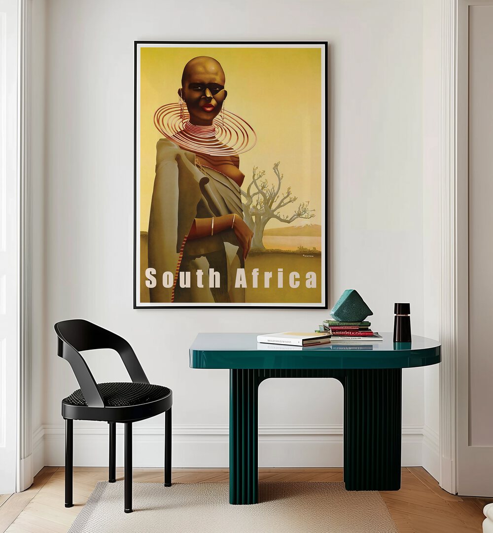 SOUTH AFRICA, VINTAGE TRAVEL POSTERS adorn a stylish room, showcasing vibrant culture and stunning landscapes.