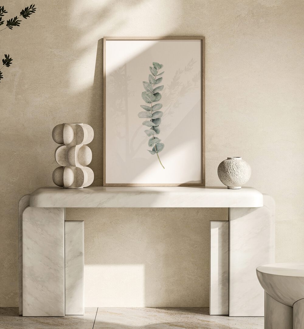 Stylish decor featuring EUCALYPTUS II, FLORAL FLOWER PAINTINGS, enhancing wellness in a tranquil setting.