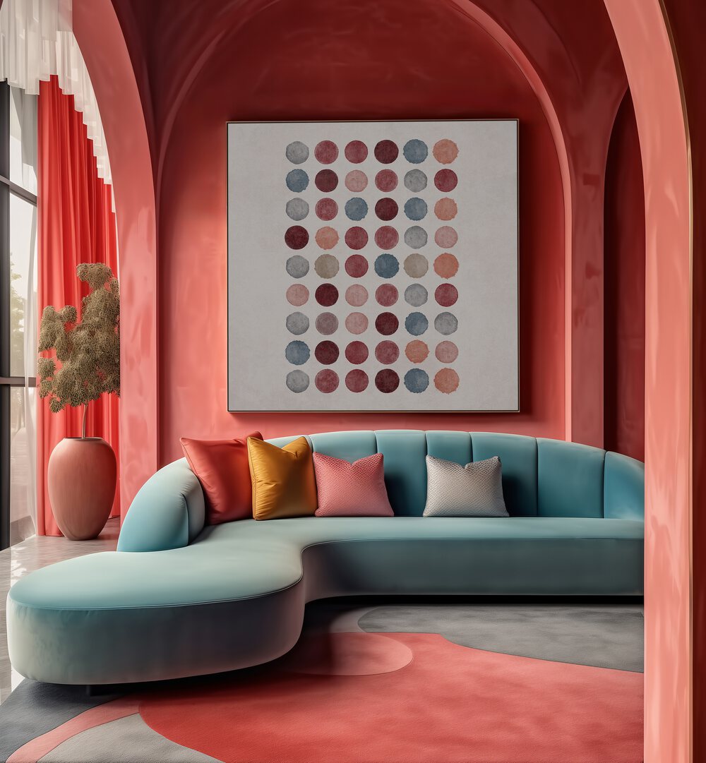 Colorful WATERCOLOR DOTS, BOHO ART PAINTINGS by Emel Tunaboylu enhance a modern living space with artistic flair.