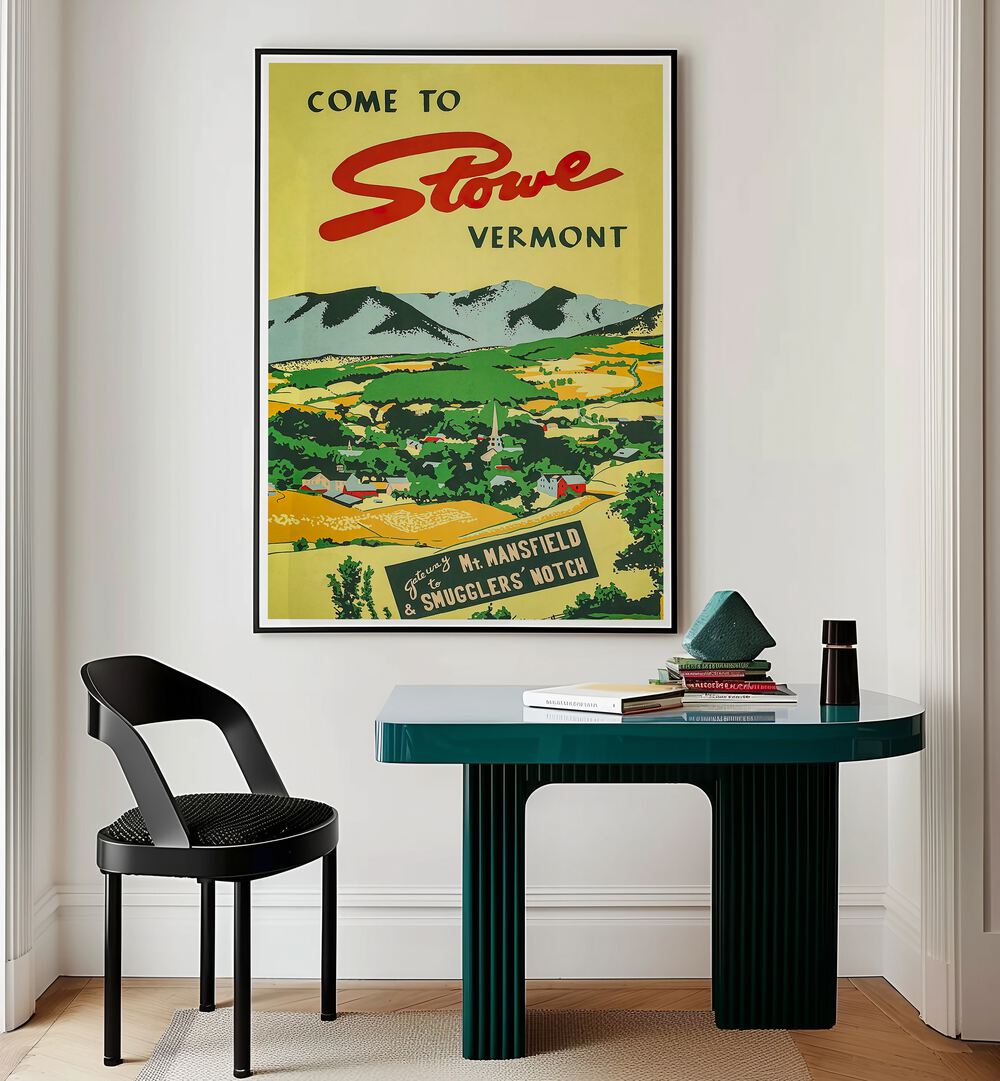Stunning VERMONT, VINTAGE TRAVEL POSTERS showcasing Stowe's picturesque landscapes for nostalgic decor.