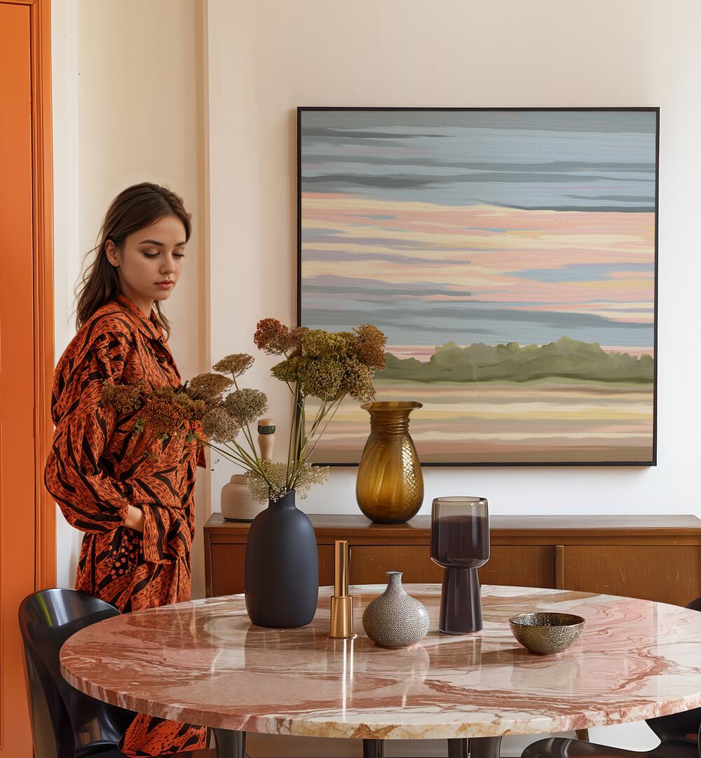 Stylish interior featuring STREAKING II, LANDSCAPE PAINTINGS, enhancing the serene atmosphere with vibrant colors.