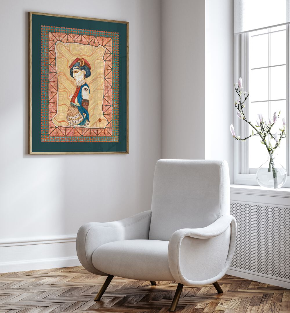Elegant MARIA II, PORTRAITS & FIGURATIVE ILLUSTRATIONS artwork framed in a modern living space. Perfect for home decor.