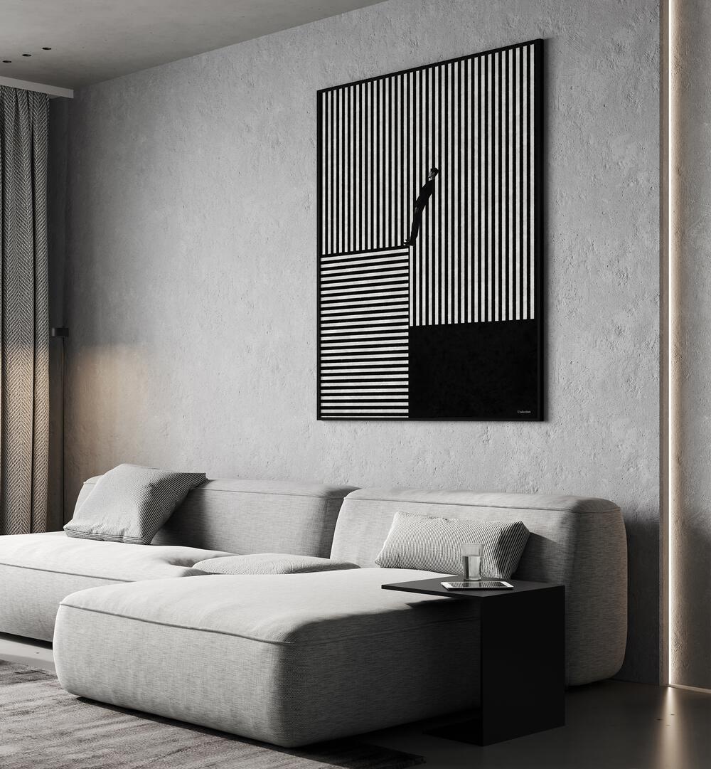 Modern living space featuring STRIPED ILLUSION, GEOMETRIC ART PRINTS by Underdott, enhancing the room's aesthetic.