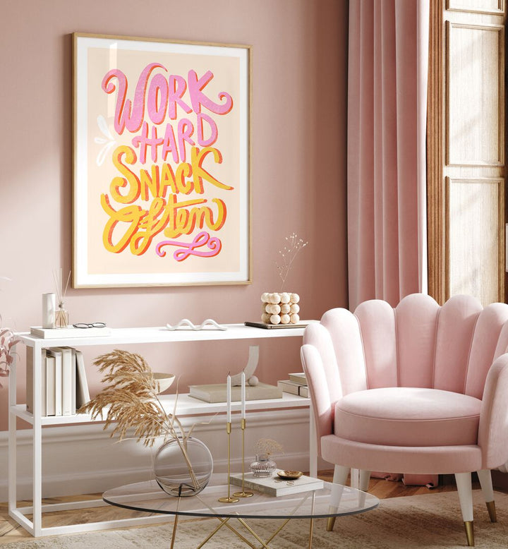 Colorful WORK HARD SNACK, QUOTES poster enhances your space, motivating you to achieve your goals daily.